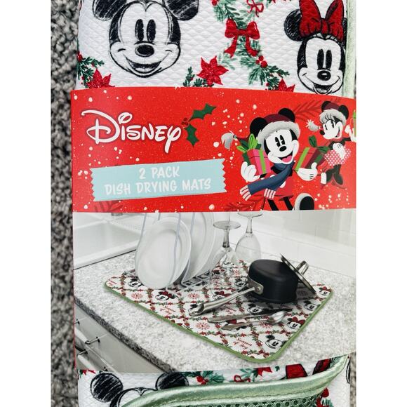 2 Pk Disney Mickey Minnie Dish Drying Mats 16" x 18" Christmas Wreath Holiday - Picture 6 of 8